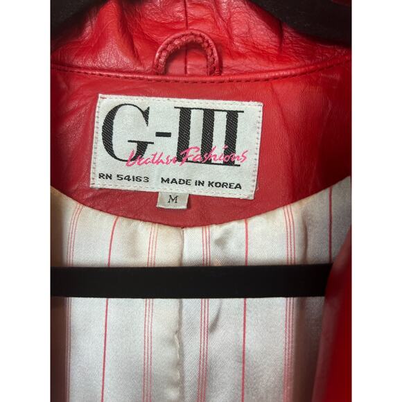 G-III Medium Red Leather Oversized 80s Shoulder Pad Button Closure Long Jacket - Picture 2 of 11